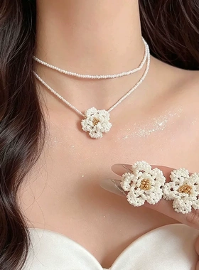 时尚叠戴手作山茶花朵米珠项链女