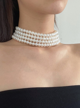 多层珍珠choker颈链项圈项链女高级感旗袍礼服锁骨链叠戴脖子配饰