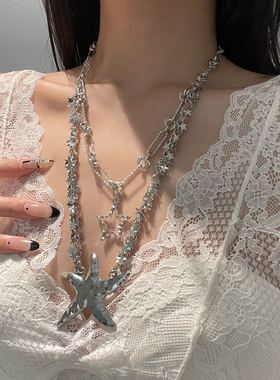 冷淡风双层叠戴银片片五角星项链