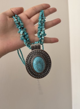 复古重工绿松石串珠古雕花纹项链