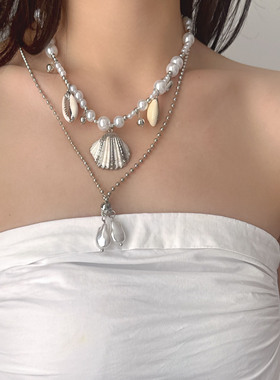 贝壳海螺珍珠吊坠项链叠戴颈链
