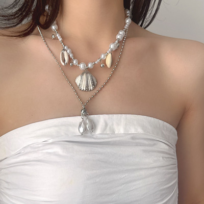 贝壳海螺珍珠吊坠项链叠戴颈链