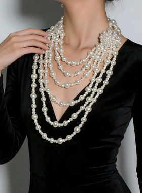 不规则仿珍珠闪钻花朵多层项链