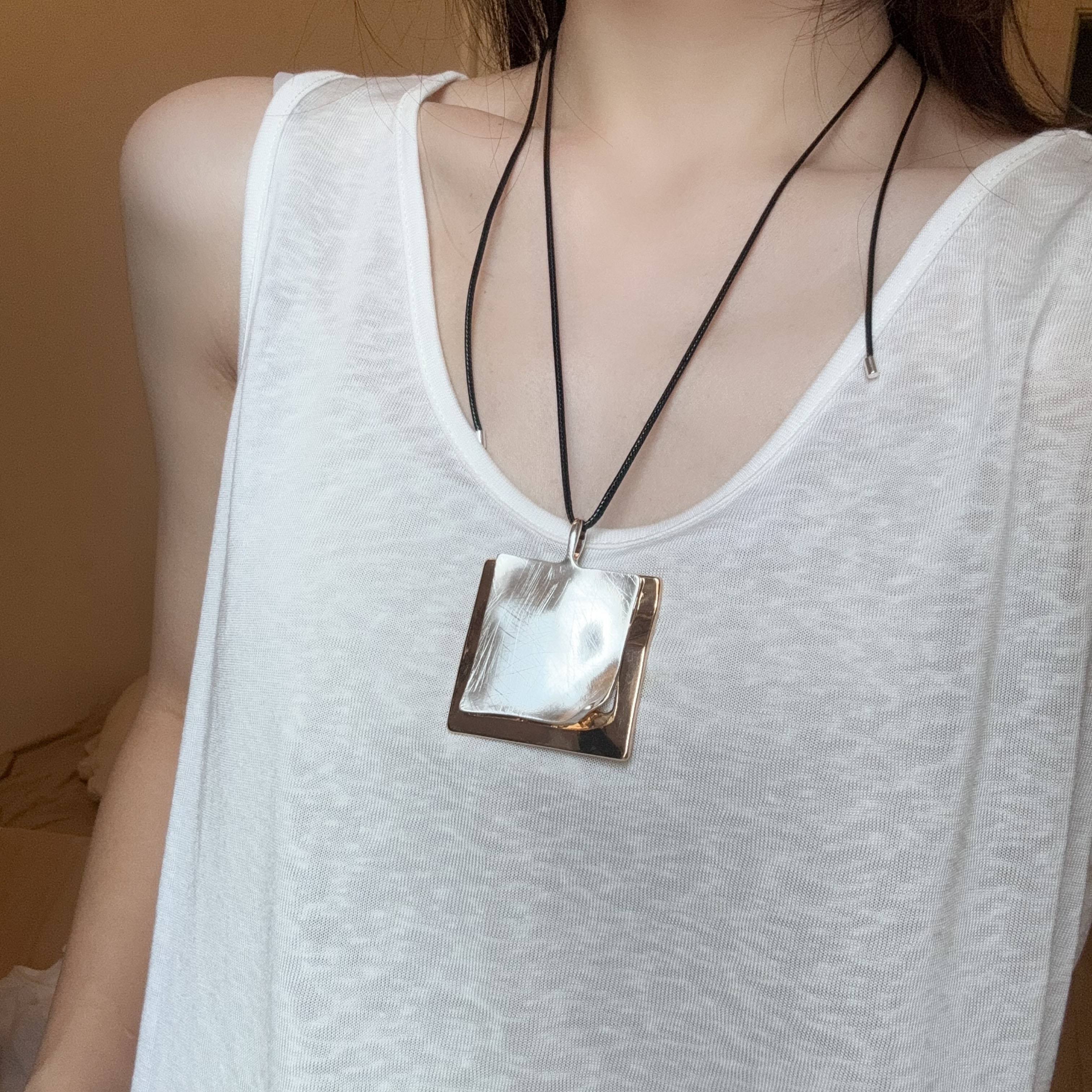 金银拼色冷淡风皮绳抽拉式长项链