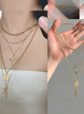 复古金色多层十字架玫瑰花项链女