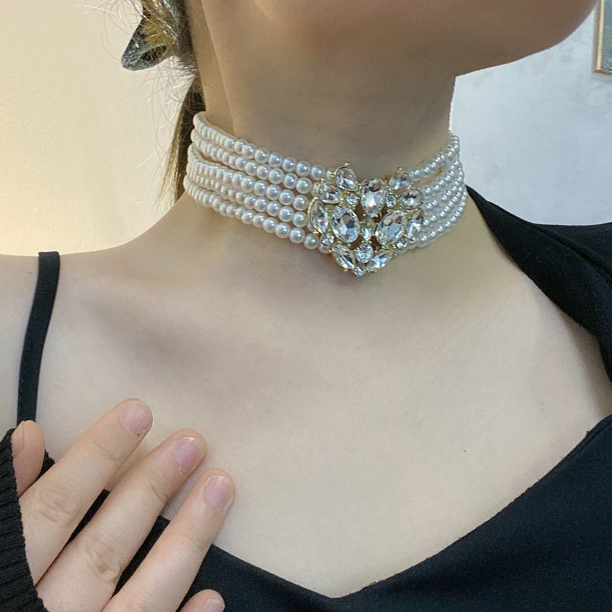 金属镶钻多层女爱心锁骨链项链