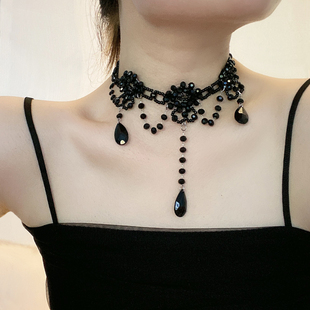 流苏串珠洛丽塔项链女超仙气质编织黑色水晶锁骨颈链复古choker