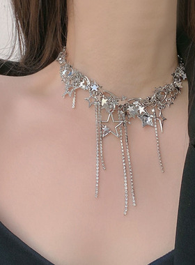 短款金属流苏女镶钻星星项链