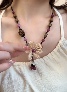 手工编织民族风长短款花朵项链