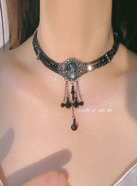 满钻黑色水晶串珠项链女暗黑复古水晶感choker个性短款珍珠颈链潮