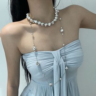 冷淡风金银串珠凹陷半球项链女金属多层叠戴颈链高级感链条毛衣链