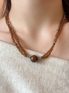 咖色虎眼石双层水晶串珠项链女款