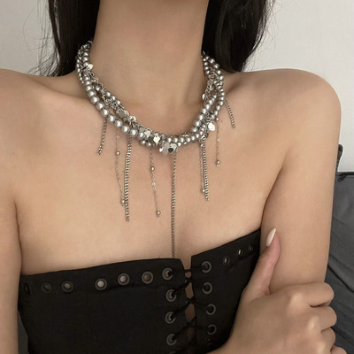 灰珍珠缠绕亮片爱心流苏多层项链