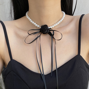 日韩长飘带蝴蝶结流苏串珠珍珠项链女山茶花朵锁骨链优雅颈带配饰