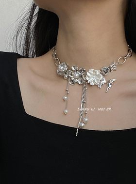 金属女玫瑰花朵流苏项链