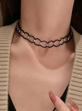 黑色水晶串珠编织项链女锁骨链