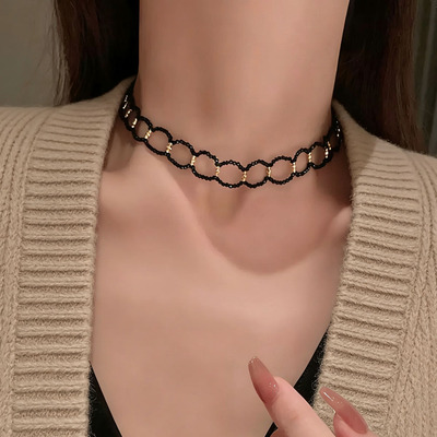 黑色水晶串珠编织项链女锁骨链