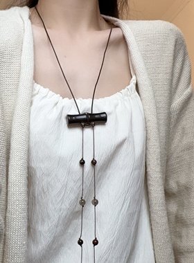 棕色水晶串珠竹节流苏吊坠项链