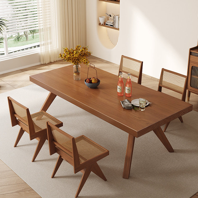 北欧简约实木电动升降桌桌现代简约长方形办公大板藤编桌椅组合