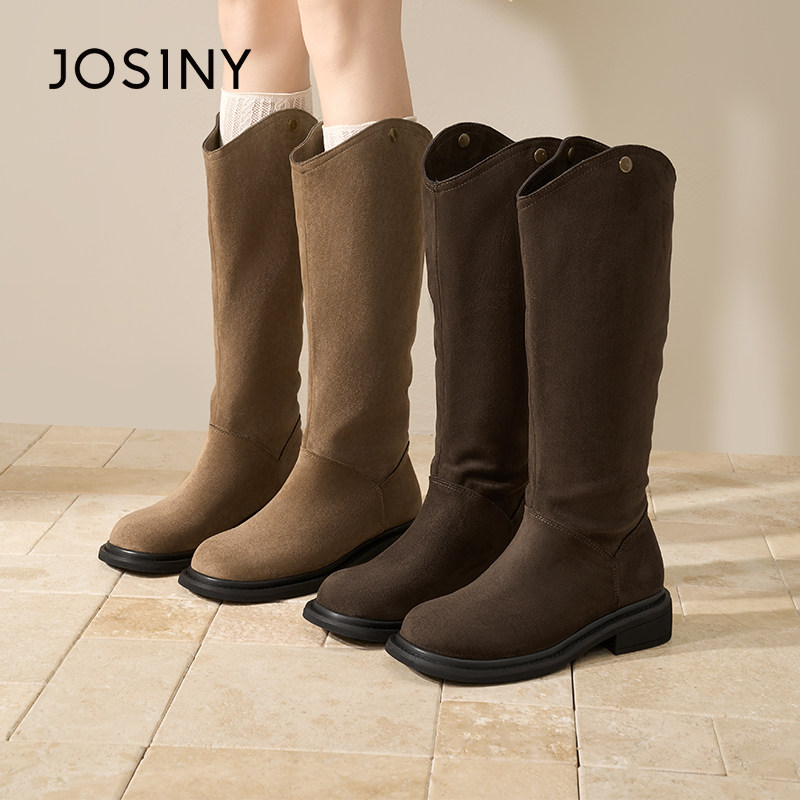 卓诗尼复古骑士靴女2025新款冬季高筒靴百搭显瘦长靴单靴厚底V口,女鞋,骑士靴,淘宝优惠券,粉丝福利购,淘宝优惠卷