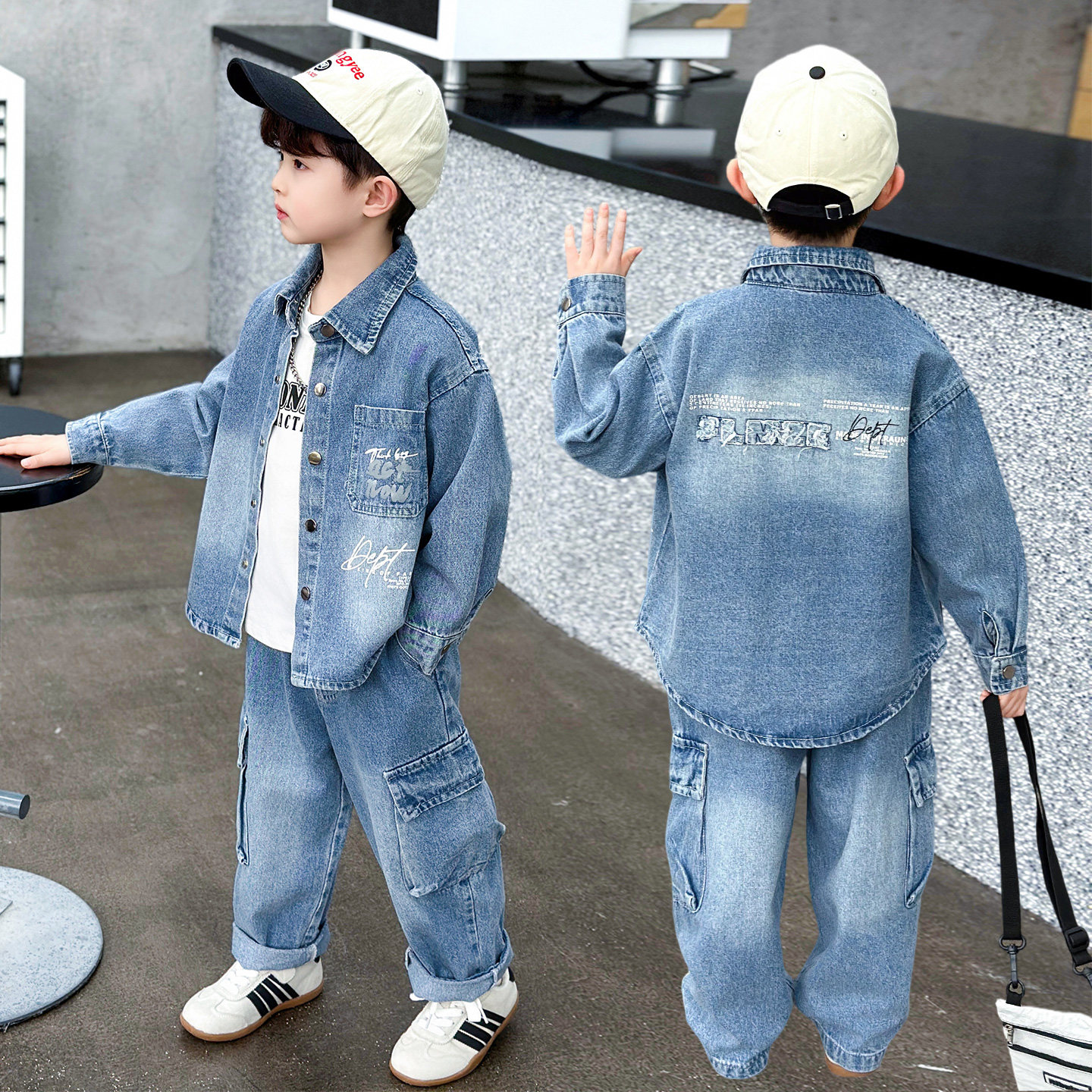 男童春季套装2026新款洋气宝宝儿童春装牛仔衬衫小男孩外套两件套