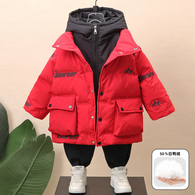 男童羽绒服2025新款冬季儿童加厚白鸭绒外套宝宝拜年红色过年衣服