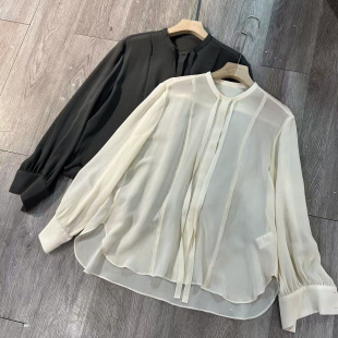 桑蚕丝衬衣2026秋季 高端简约蝴蝶结飘带鬼绉真丝衬衫 通勤气质长袖