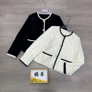 小香风撞色拼边金扣夹棉真丝丝绒短外套女经典百搭修身小棉服秋冬