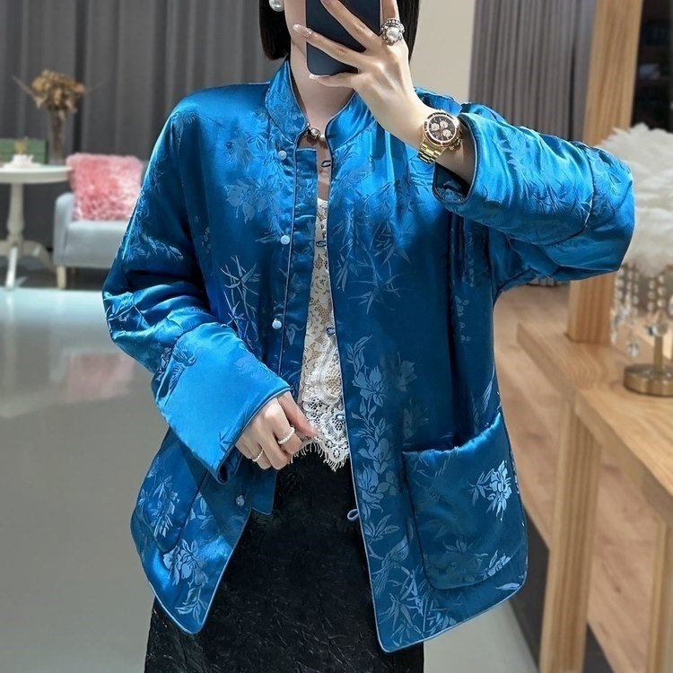 高品质桑波缎提花真丝中国风薄款棉服轻奢百搭棉袄女2025年冬季