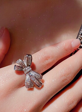 T方蝴蝶结开口戒指气质款精致款镶钻轻奢精致指环高级感简约女士