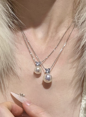 项链女款2026新款女高级感轻奢小众吊坠珍珠戴妃贝母白金银 色