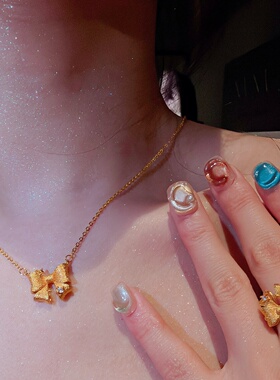 星芒蝴蝶结项链气质饰品人工合成宝石时尚潮流金色女士法式复古