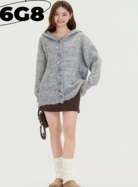 N6G8灰色软糯蝴蝶结连帽毛衣外套