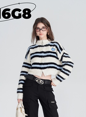 N6G8蓝白条纹立领拉链毛衣女