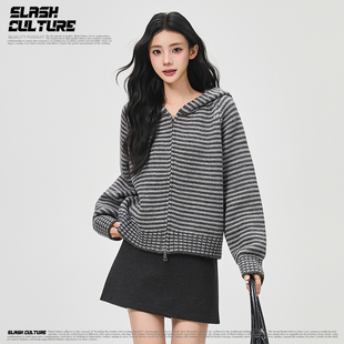 SLASH 美式复古条纹连帽针织衫女灰黑撞色宽松显瘦设计感拉链上衣