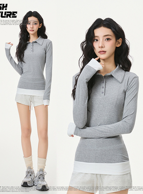 SLASH 灰色V领撞色拼接长袖T恤女2026新款辣妹风修身针织打底上衣