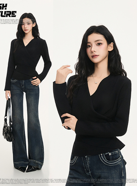 SLASH黑色交叉V领针织衫女新款修身显瘦气质通勤百搭长袖内搭上衣