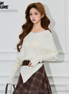 SLASH 白色一字肩不规则下摆针织衫女2026新款宽松显瘦蝙蝠袖上衣