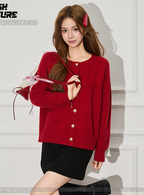 SLASH 韩系新年红麻花纹针织开衫女士宽松显瘦圆领本命年毛衣外套