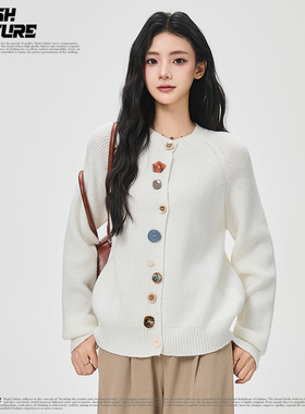 SLASH 韩系温柔风米白多色纽扣针织开衫女士宽松显瘦圆领毛衣外套