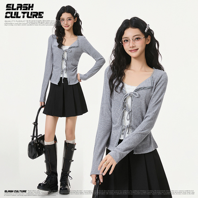 韩系假两件蕾丝拼接V领修身T恤