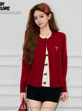 SLASH氛围感ins红色假两件针织开衫女圣诞蝴蝶结刺绣慵懒宽松毛衣