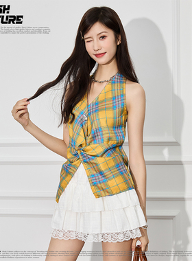 SLASH 甜辣风黄格纹挂脖上衣女夏新款扭结V领无袖不规则显瘦背心V
