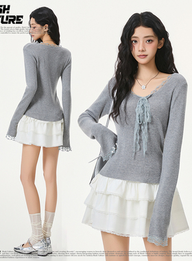 SLASH 纯欲风蕾丝拼接灰色针织衫女士软糯修身显瘦打底衫内搭上衣