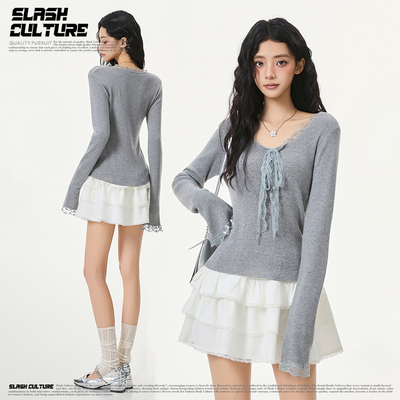 纯欲蕾丝拼接灰色显瘦针织打底