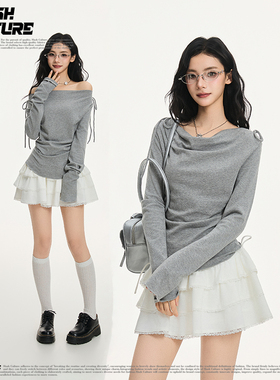SLASH 灰色一字肩针织衫女士新款纯欲风抽褶显瘦辣妹长袖打底上衣