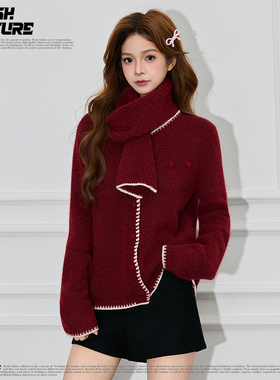 SLASH 复古风酒红撞色仿貂毛针织衫女士宽松显瘦自带围巾毛衣开衫