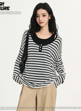 SLASH 甜酷风黑白条纹假两件上衣女亨利领纽扣设计感宽松长袖T恤