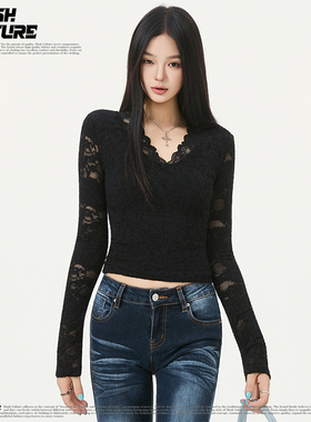 SLASH 黑色V领蕾丝打底衫女春秋修身显瘦性感纯欲风短款内搭上衣
