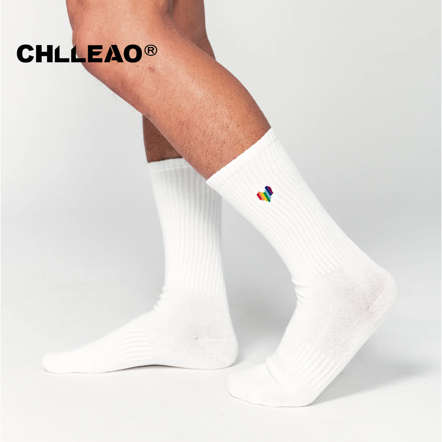 CHLLEAO彩虹限定精梳棉运动袜长筒袜百搭白袜爱心刺绣男中筒袜3双